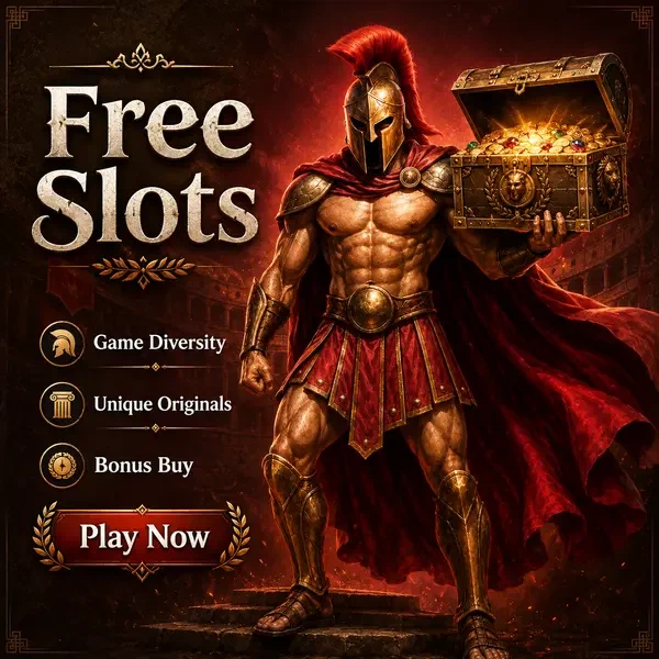 Spartan warrior holding treasure chest of free slots at Roman Casino colosseum