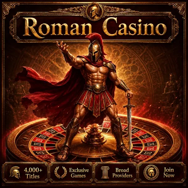 Spartan warrior commanding roulette wheel at Roman Casino Games with 4,000+ slot games spinning