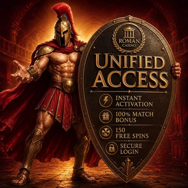 Spartan warrior presenting secure login shield at Roman Casino access portal