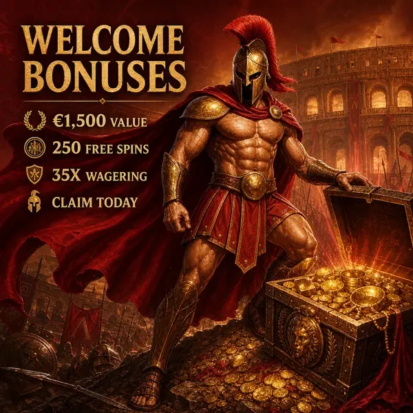 Spartan warrior presenting sports betting rewards at Roman Sports Betting treasure chest
