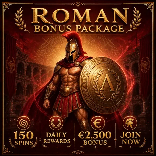 Spartan warrior holding golden shield with Roman bonus medallion in ancient arena