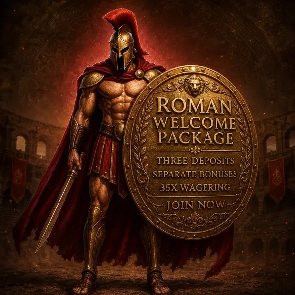 Spartan warrior presenting Roman Welcome Package Structure and Mechanics signup shield in ancient arena