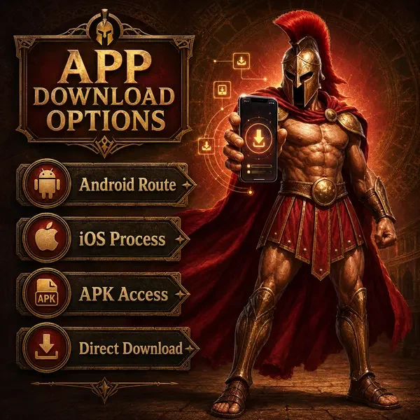 Spartan warrior gripping smartphone to download Roman iOS App with glowing symbols