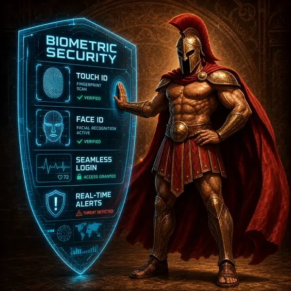 Spartan warrior activating [Brand] app biometric shield with Touch ID security features