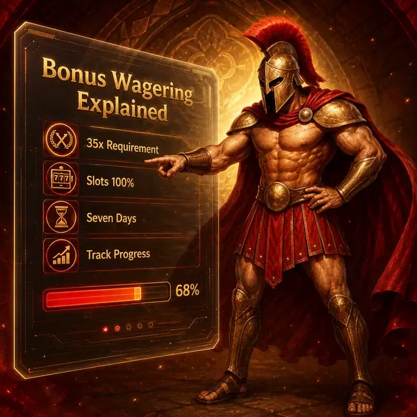 Spartan warrior confidently tracking bonus wagering progress at Roman Casino digital interface