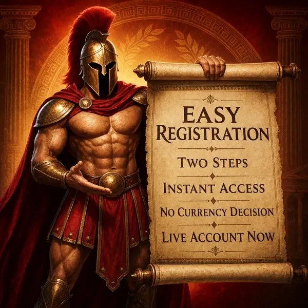 Spartan warrior presenting registration scroll at Roman Casino signup portal