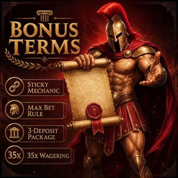 Spartan warrior presenting bonus terms scroll at Roman Casino welcome desk
