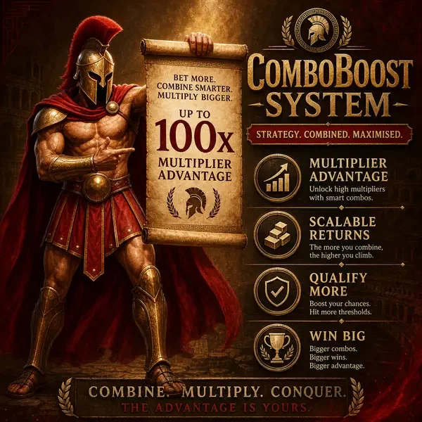 Spartan warrior announces Roman Sportsbook ComboBoost sports betting multipliers on ancient scroll