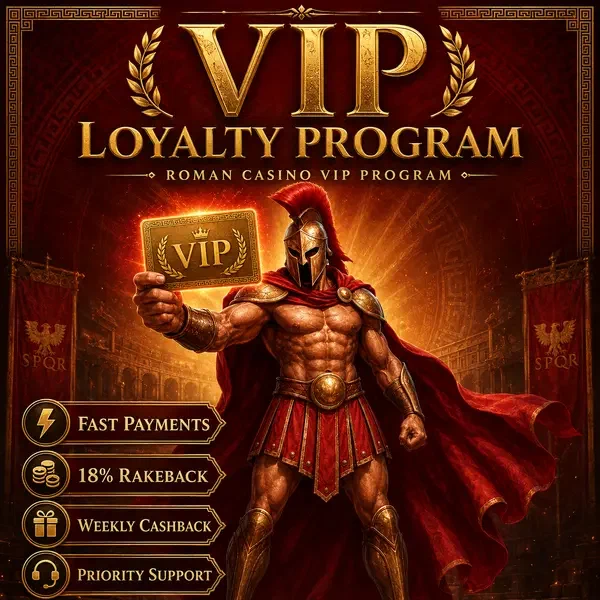 Spartan warrior displaying VIP loyalty program card at Roman Casino with golden benefits