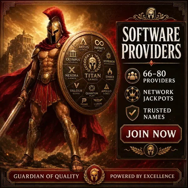 Spartan warrior protecting Roman Casino software providers with shield of trusted logos
