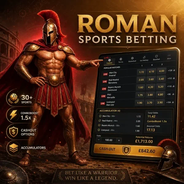 Spartan warrior commanding sports betting odds at Roman Casino Sports Betting digital arena