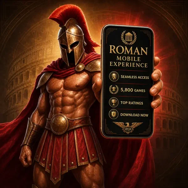 Spartan warrior holding smartphone displaying Roman Casino Mobile Experience app interface