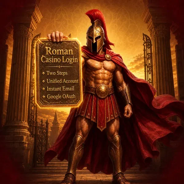 Spartan warrior holding golden tablet with Roman Casino signup at temple gates