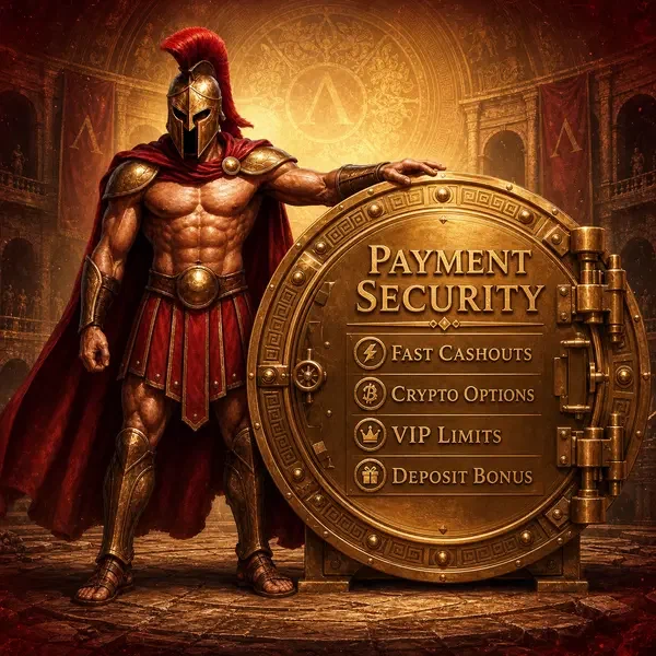 Spartan warrior safeguarding golden vault containing Roman Casino payment methods and security features