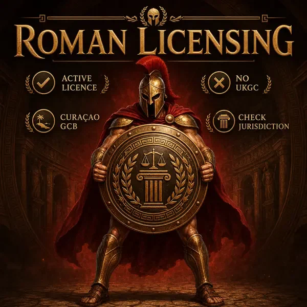 Spartan warrior holding compliance shield at Roman Casino licensing authority